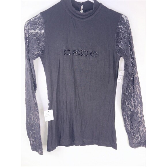 BEBE Swarovski Crystals Black Ribbed Knit Lightweight with Lace Sleeves Y2K USA - Picture 1 of 13